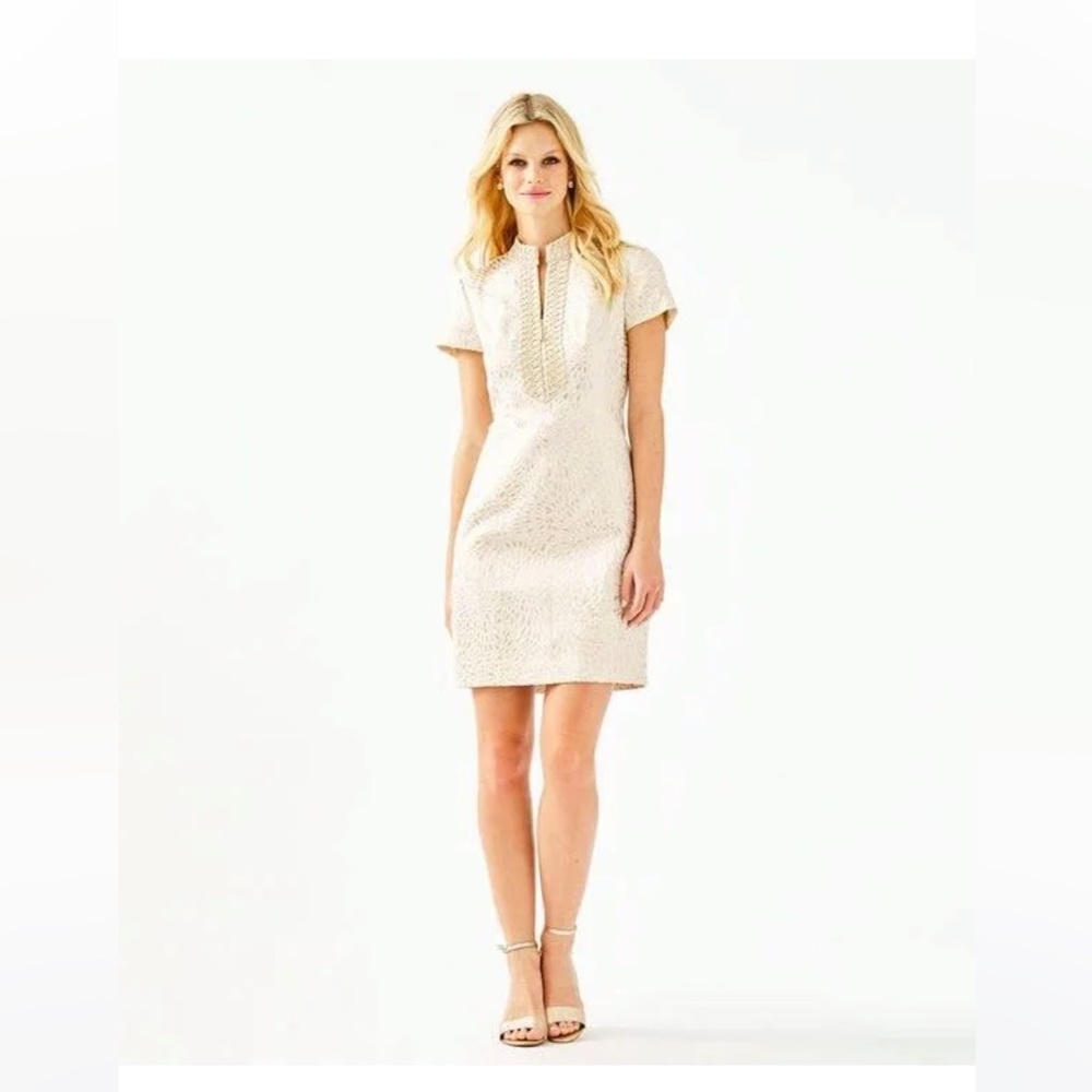Lilly Pulitzer Adrena High Collar Shift Dress, Gold Metallic Lagoon Jacquard